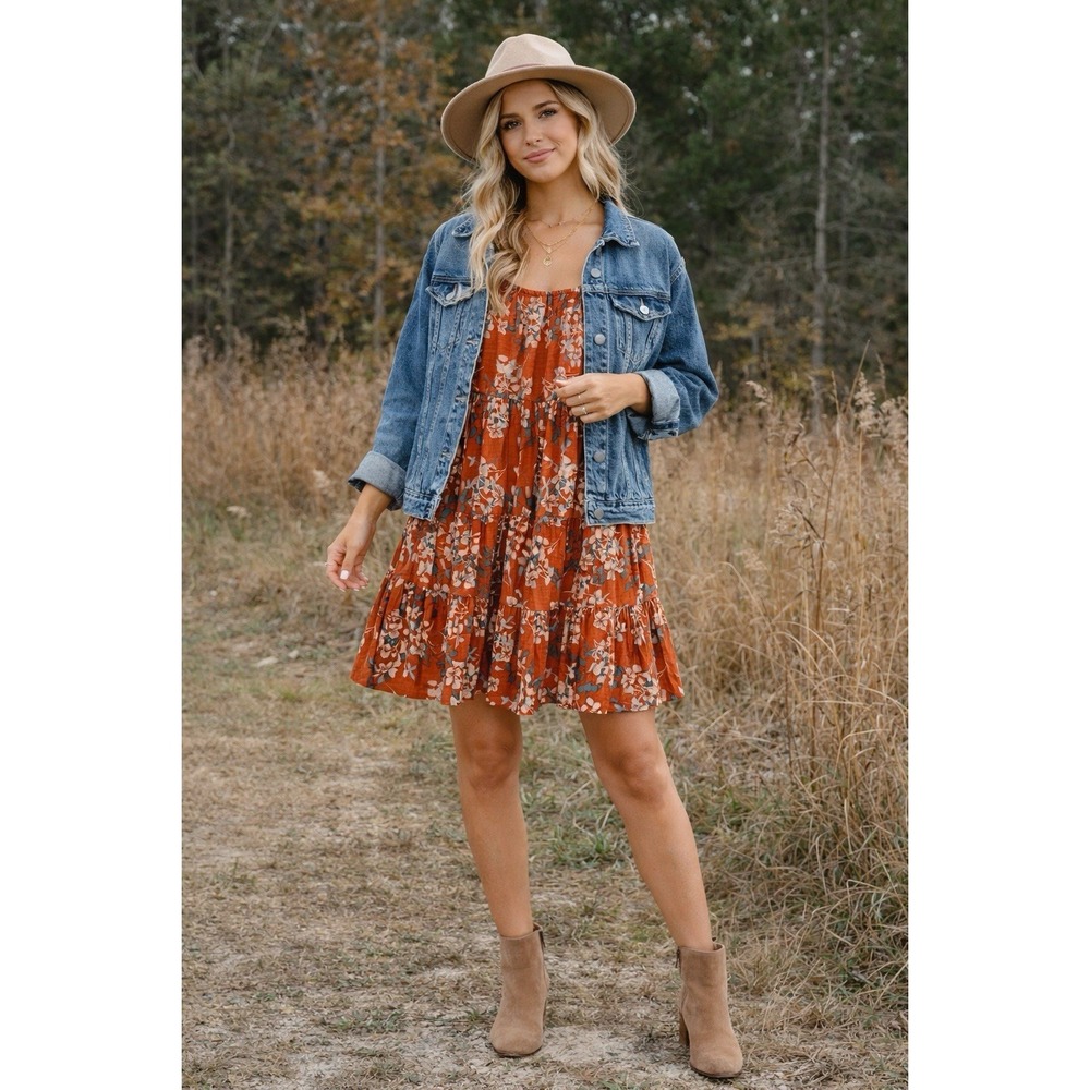 Bucket List Boho Floral Mini Dress Rust Orange Puff Sleeve Tiered Medium USA - Picture 2 of 6